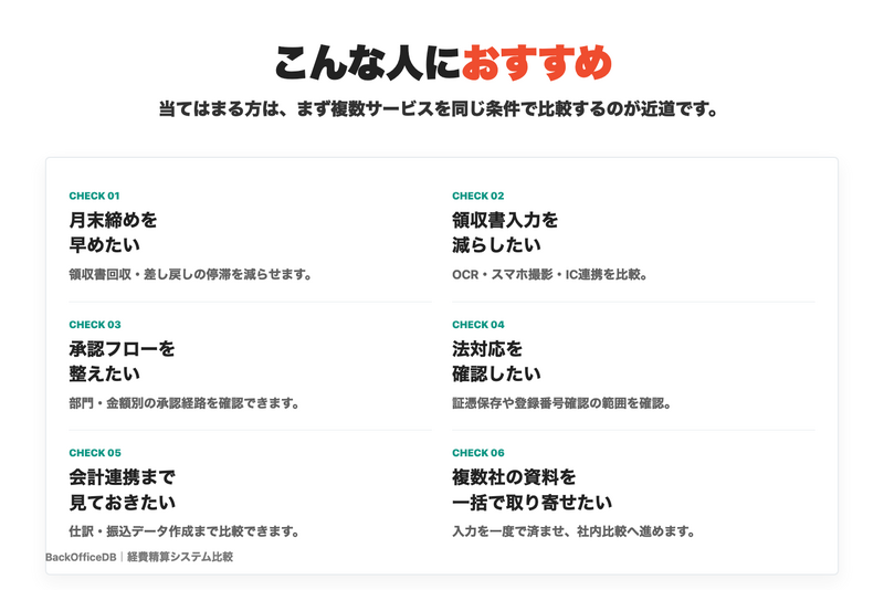 経費精算システムの比較がおすすめな人：月末締めを早めたい・領収書入力を減らしたい・承認フローを整えたい・法対応を確認したい・会計連携を重視したい・複数社の資料を一括で取り寄せたい